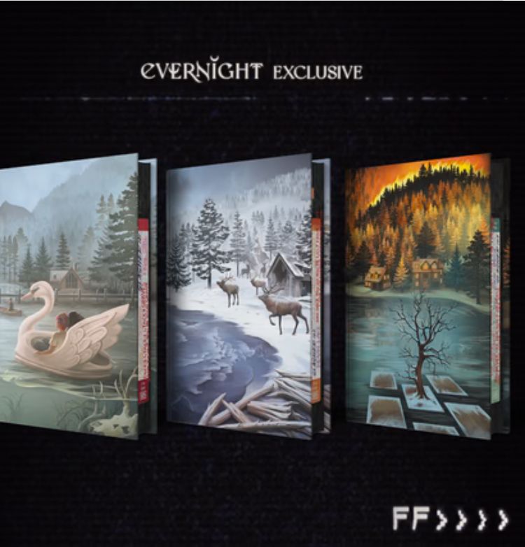 The back covers of Illumicrate’s special editions of the Indian Lake Trilogy by @sjg.bsky.social featuring a swan boat on the lake at the end of summer on the first cover. The second shows three deer approaching the edge of the lake through snow. The final cover is centered on a bare limbed tree on the lake with houses in the background. 
