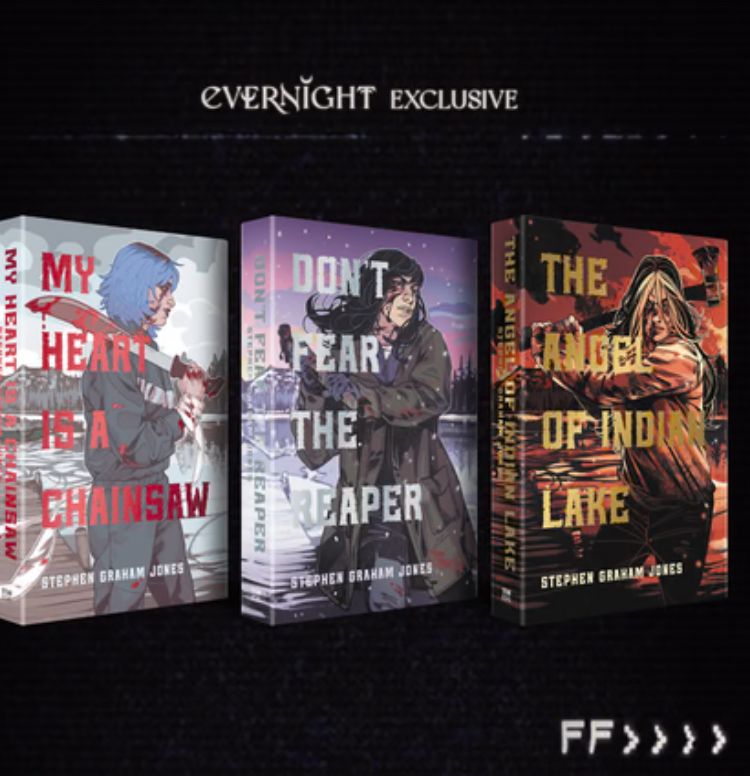 Front covers of the Illumicrate special editions of the Indian Lake Trilogy by @sgj.bsky.social. The first cover features the protagonist, Jade, in profile with a bloody machete on her shoulder. The second shows her three quarters front wielding a bloody hammer. The final cover has her staring directly forward, a bloody axe raised behind her head. 