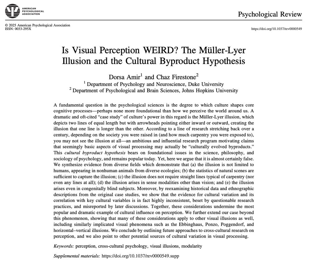 Screenshot of the first page of Amir, D., & Firestone, C. (2025). Is visual perception WEIRD? The Müller-Lyer illusion and the Cultural Byproduct Hypothesis. Psychological Review.
