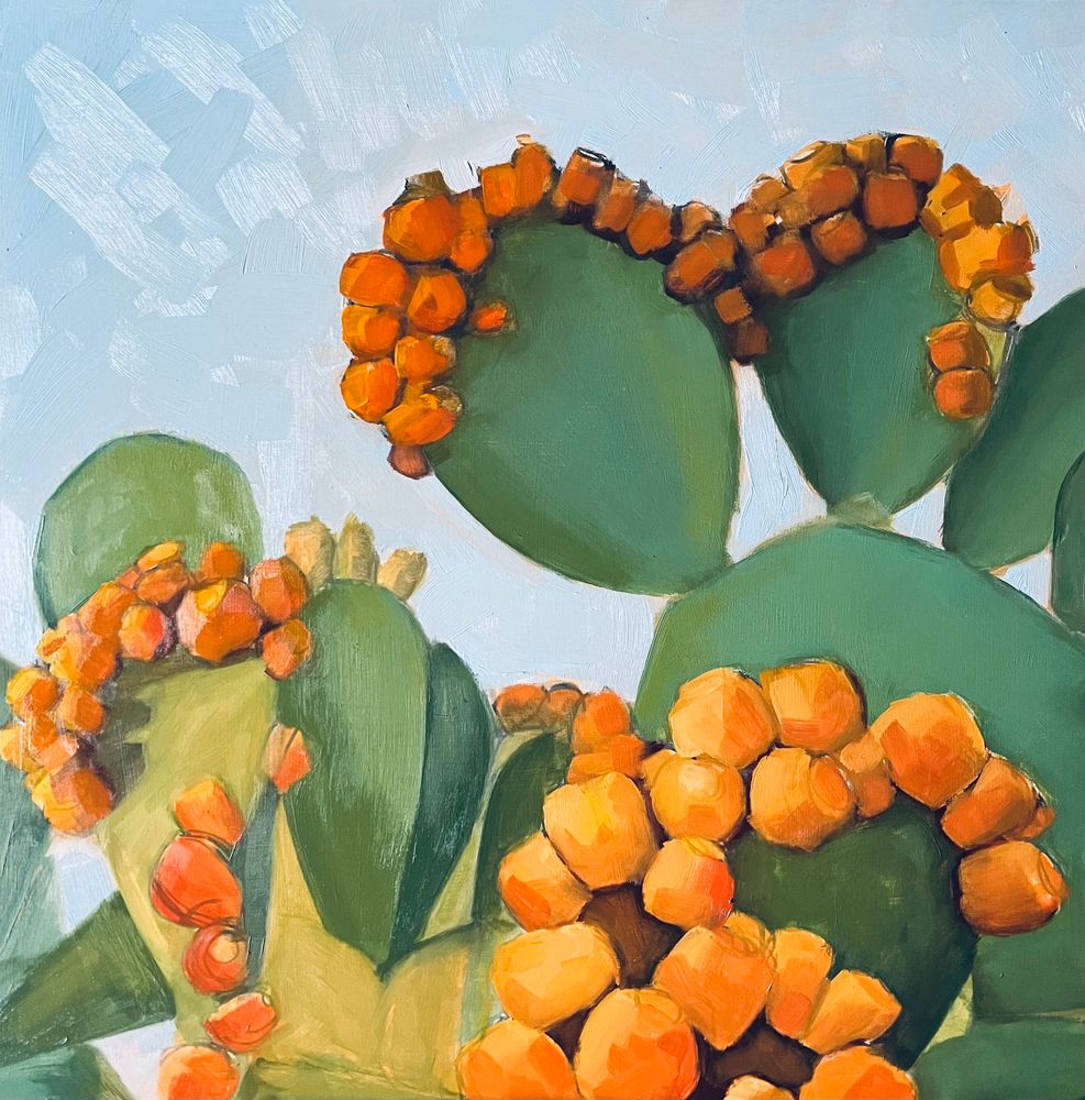 Painting of a prickly pear cactus with lots of fruit and bright vibrant colors