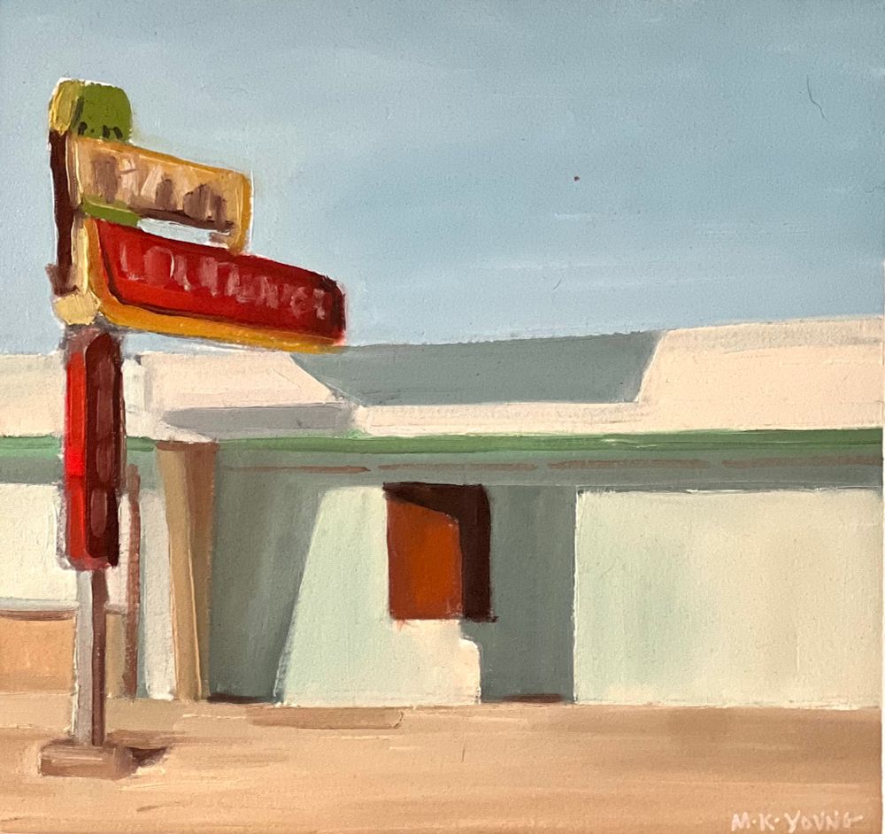 Oil painting of an abandoned roadside motel with an old sign and hard shadows 
