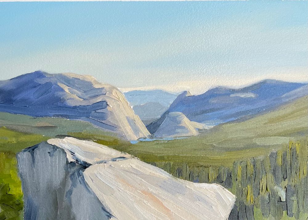 Oil painting of a large rock looking down into Yosemite Valley in Yosemite National Park 