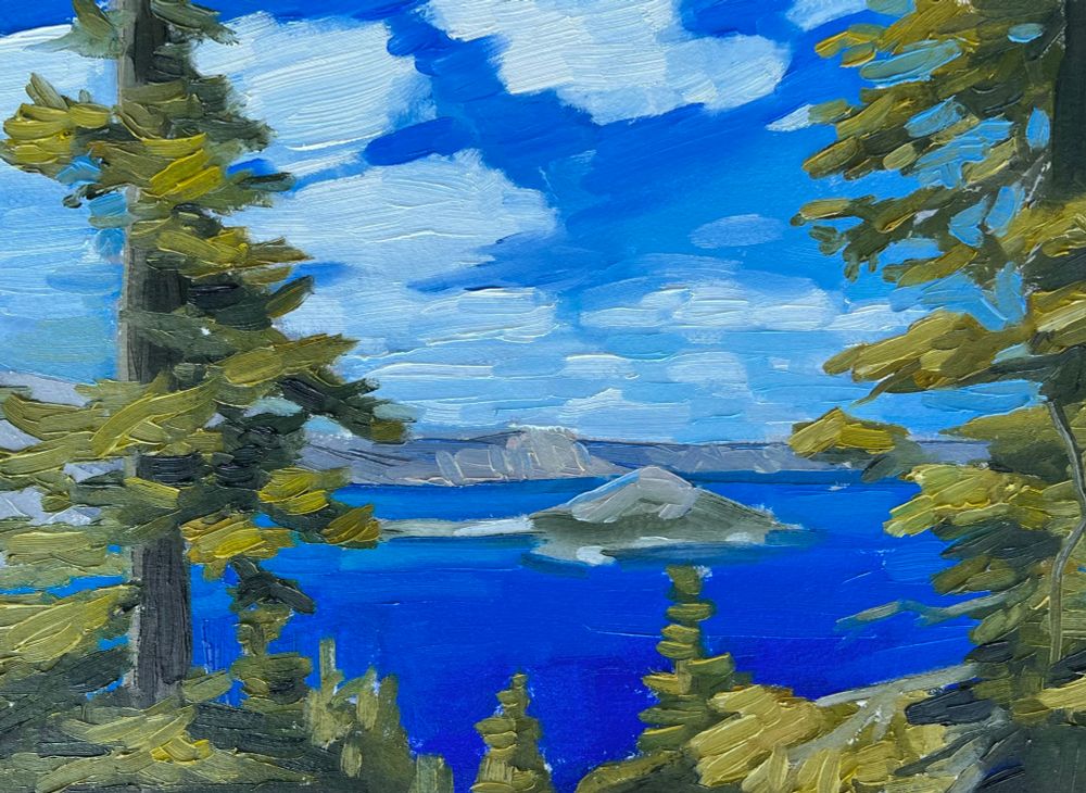 Oil painting of trees at crater lake national park looking out to Wizard island 