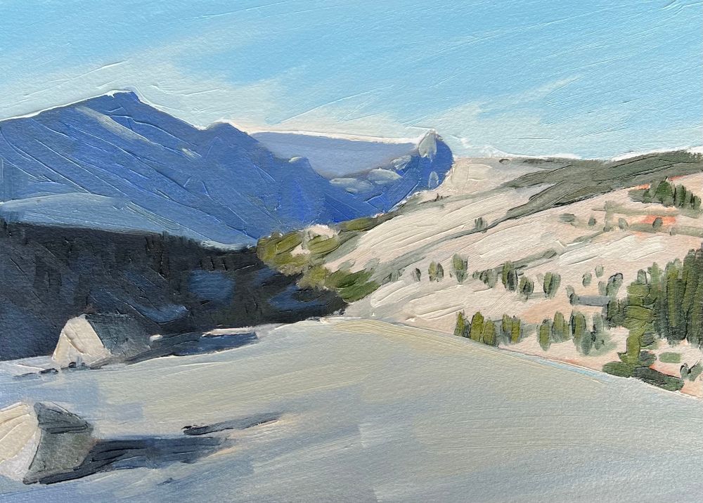 Oil painting of Yosemite valley looking down from glacier point