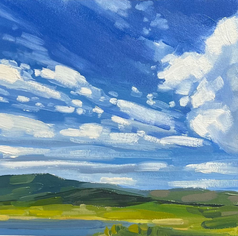 Oil painting of a landscape done plein air of southern Oregon. View of spring green hills along emigrant lake with cloud formations 