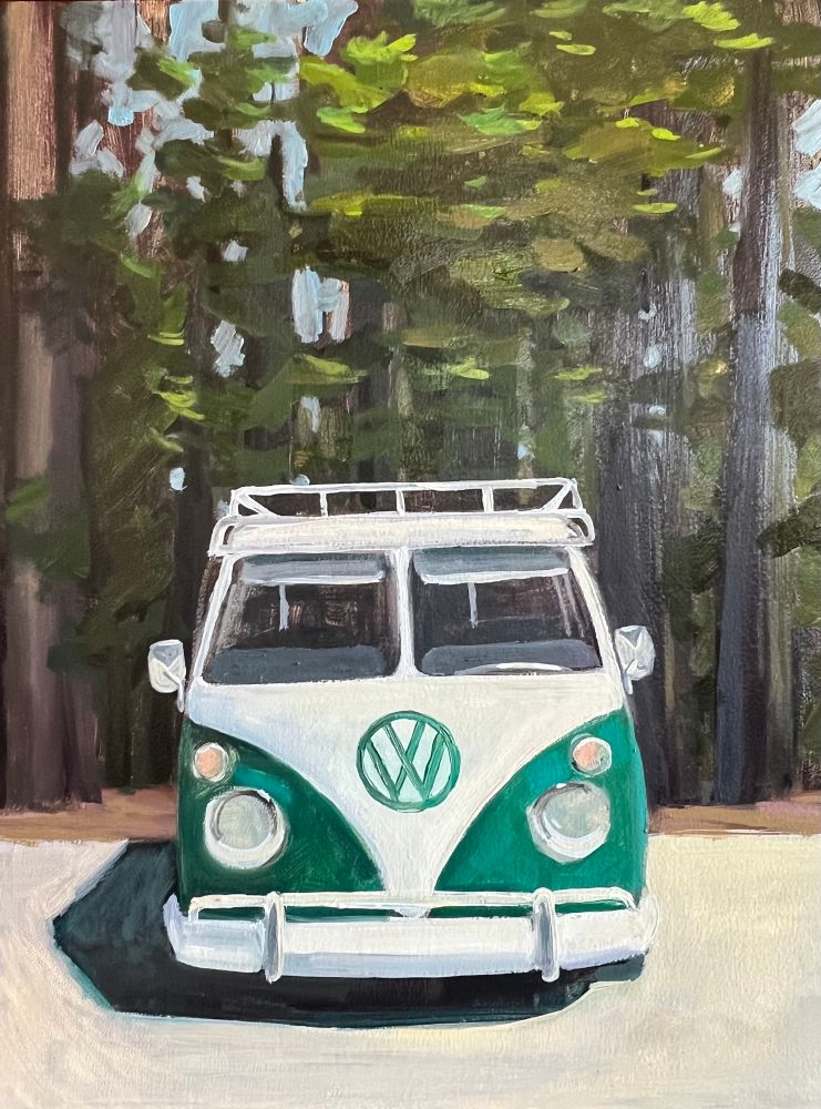 Oil painting of a green and white VW bus parked in front of tall forest trees
