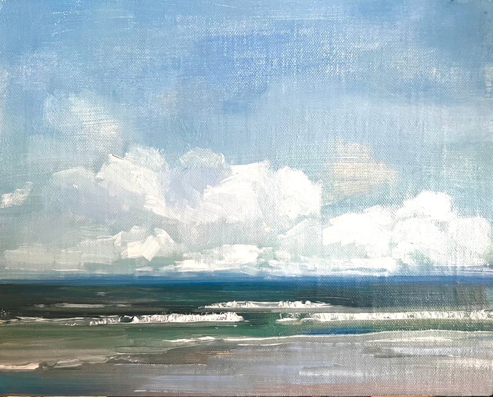 Plein air oil painting of the pacific ocean with fluffy clouds on the horizon 