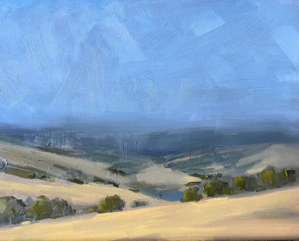 Oil painting of grassy hills with oak trees and a moody foggy sky
