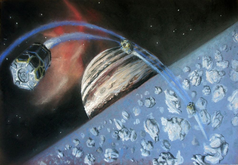 a chalk drawing of a gas giant seen from it's ring of asteroids. the asteroids fill the diagonal bottom right half of the picture in a bluey grey. top left is a limpet . it's folloed in an arc from the bottom right by another two smaller and more distant looking ones. in the centre is the banded planet, in the background is an orange nebula