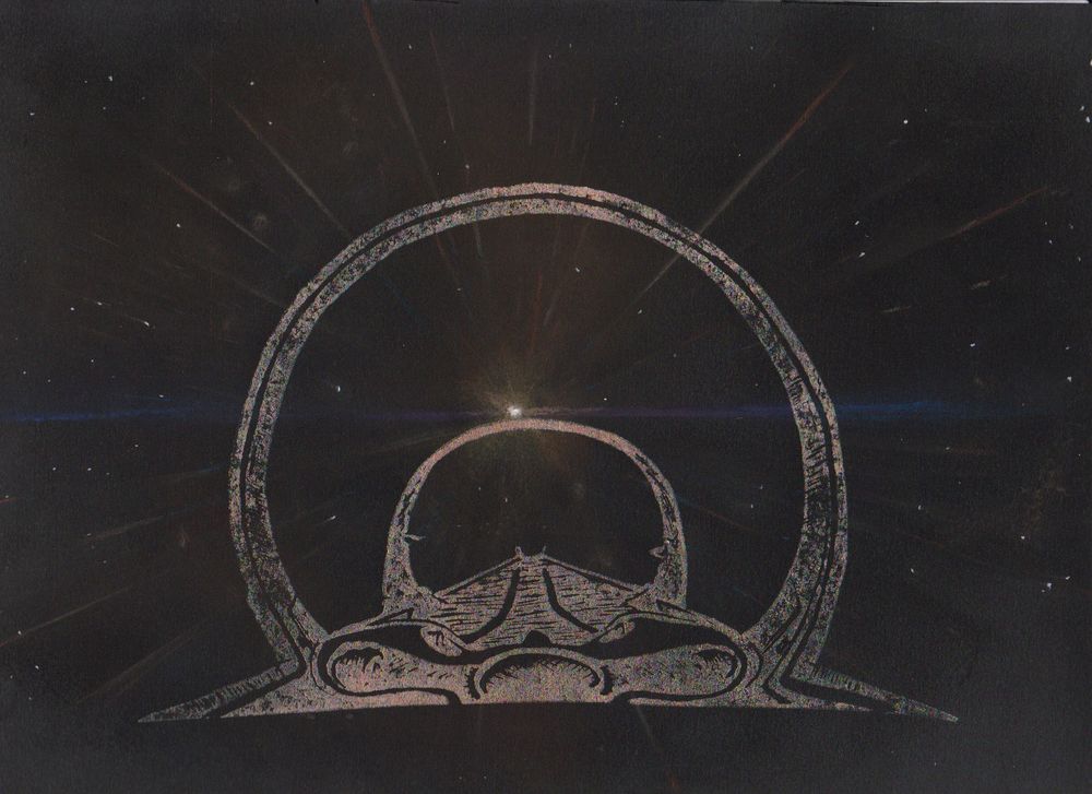 a lino cut of  the cockpit of a Gutamaya Corsair from elite printed on top of a chalk drawing of a hyperspace tunnel from Elite ,this one has a yellow orange star at the centre