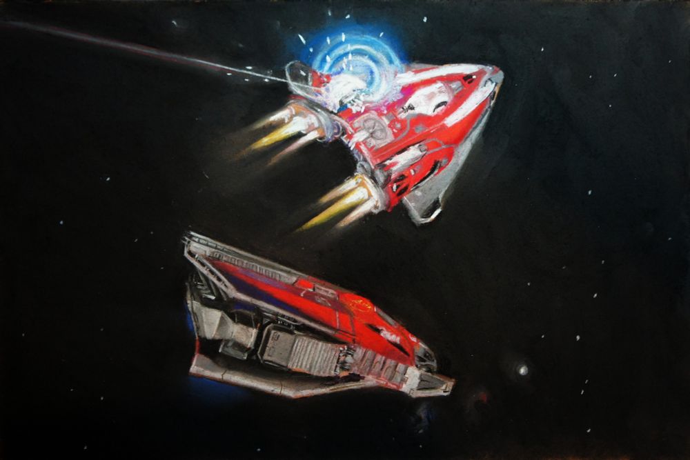 a chalk drawing of two red spaceships in combat. A FerDeLance top, and Vulture below