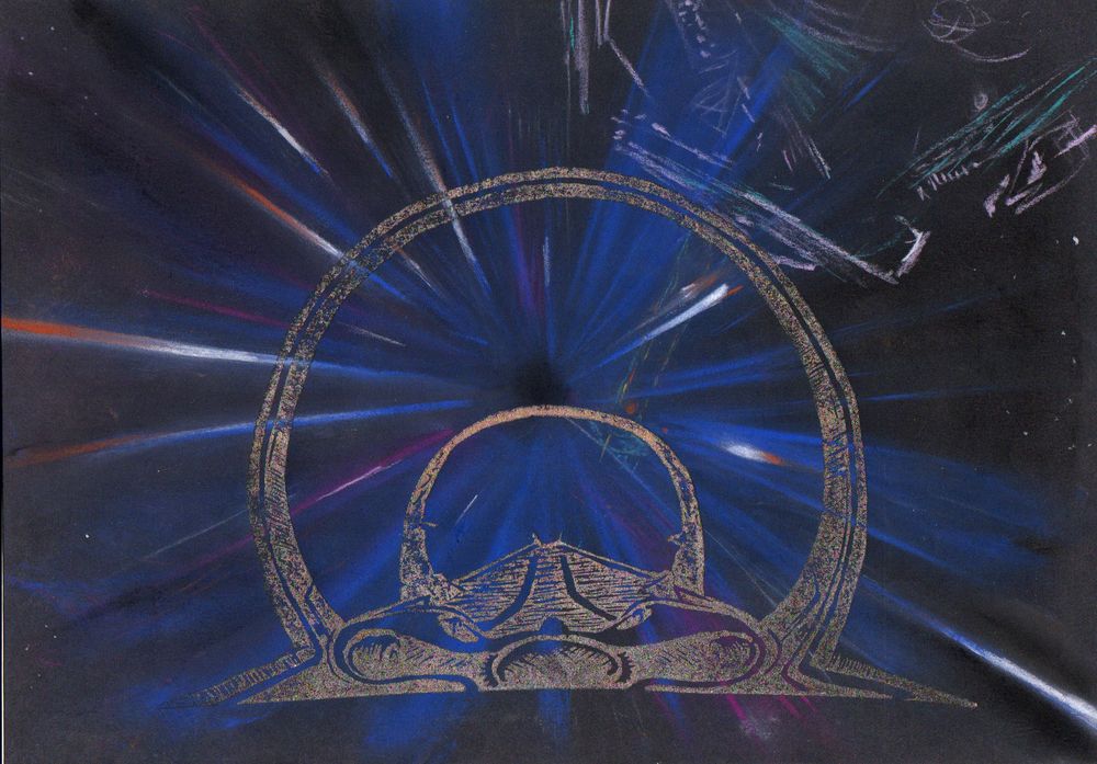 a lino cut of  the cockpit of a Gutamaya Corsair from elite printed on top of a chalk drawing of a hyperspace tunnel from Elite