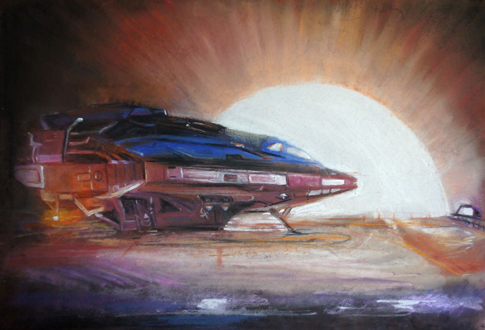 a chalk drawing in golds and plum colours , a side view at eye level of a fer de lance ship on a landing pad. there is a bright star behind the ship which is causing it to be slightly distorted. the ship is pointing to the right. 
