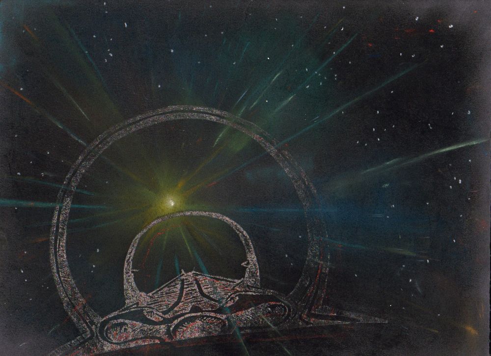a lino cut of  the cockpit of a Gutamaya Corsair from elite printed on top of a chalk drawing of a hyperspace tunnel from Elite, this one is cockeyed cause of a thargoid interdiction
