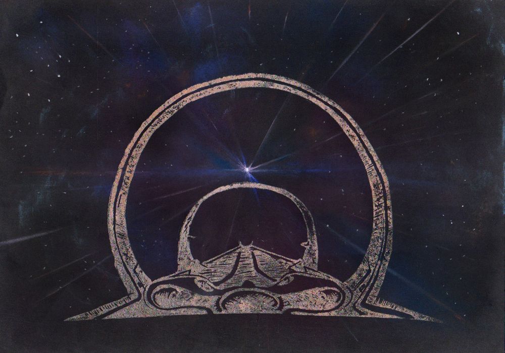 a lino cut of  the cockpit of a Gutamaya Corsair from elite printed on top of a chalk drawing of a hyperspace tunnel from Elite. this one has a blue white star at the centre