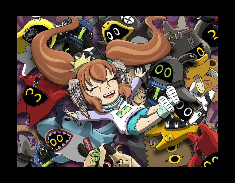 A chibi Kestrel Falling into a pile of different Bangboos from Zenless Zone Zero