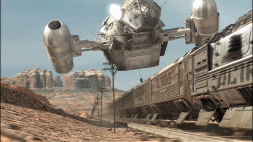 A scene from Firefly's "The Train Job", showing the Serenity hovering near a train.