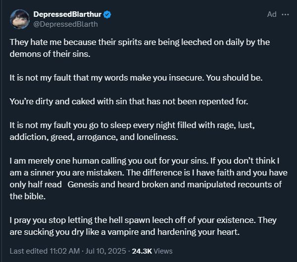 A completely insane rant someone paid to have shoveled onto people's feeds on X. You really don't want to read this unless you hate yourself.