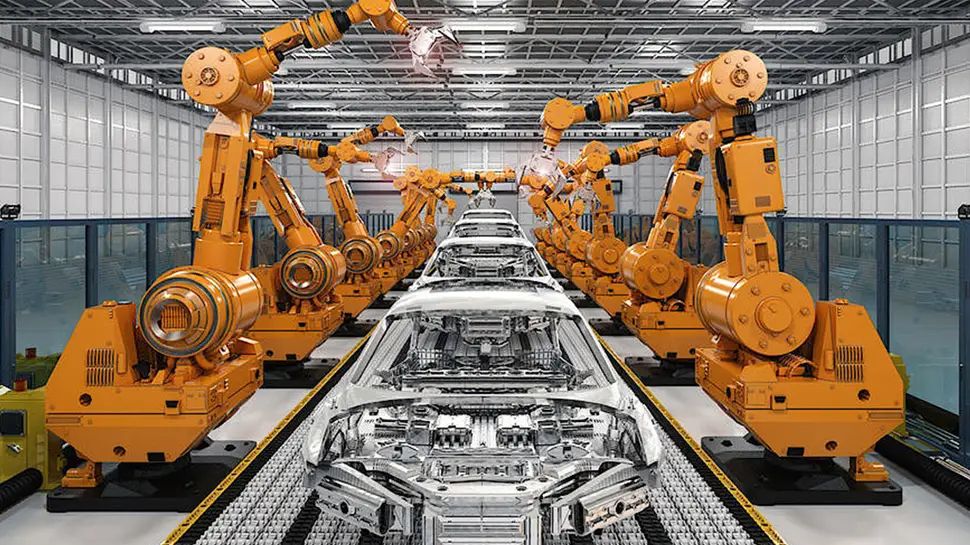 An automotive factory in the 2020s using robots