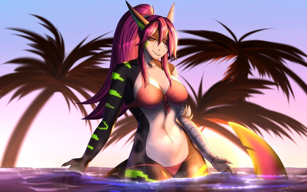 Art by Yunnylynx

An anthro catshark girl wearing a bikini standing in hip high water enjoying the glow of the sun 