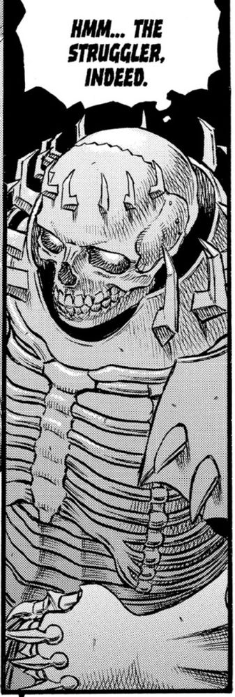 Long, tall manga panel from Berserk. The Knight of Skeleton looks down with mysterious pride and empathy. “Hmm… The Struggler, Indeed.”
