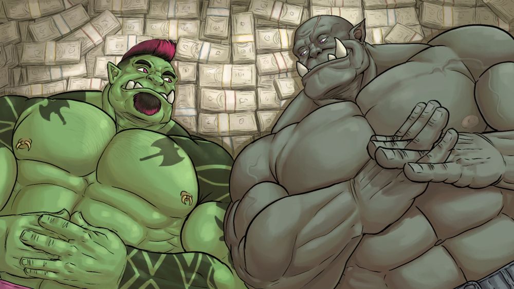 Two muscular orcs regard each other while laying on top of a large pile of money.