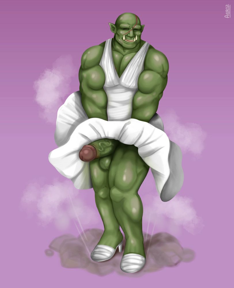 Bald, muscular, green male orc wearing a white dress and matching heels pushes his dress down after a gust of wind exposes his penis