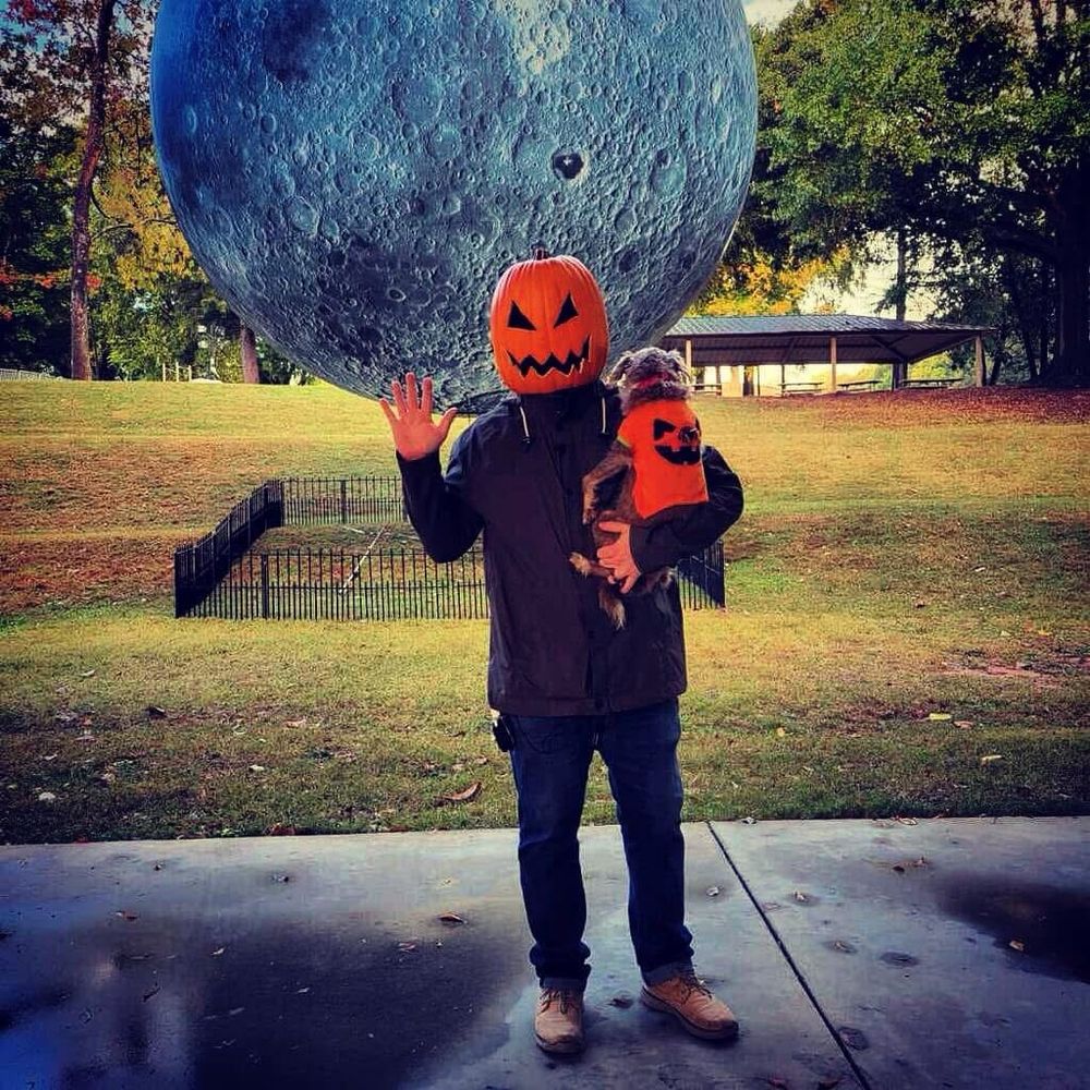 I have a pumpkin head on and George (my dog) has a pumpkin shirt 