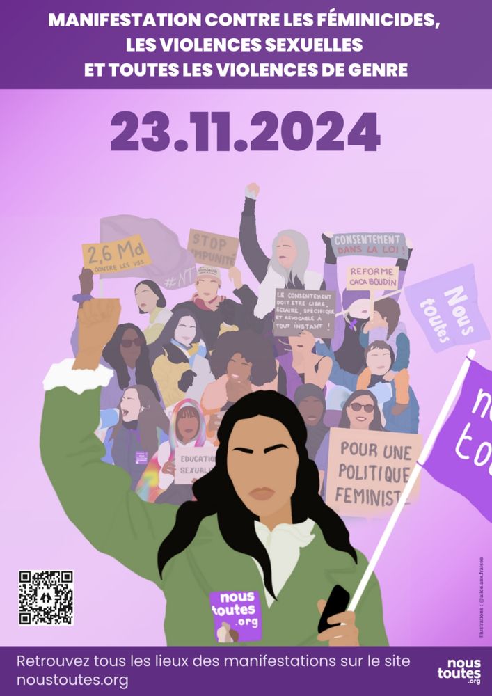 Affiche de la manif NousToutes prévue samedi 23/11/24. Manifestation contre les féminicides, les violences sexuelles et toutes les violences de genre. 
Une femme sans visage, cheveux bruns long, brandit le poing et une pancarte NousToutes. Derrière elle, des manifestant-e-s 