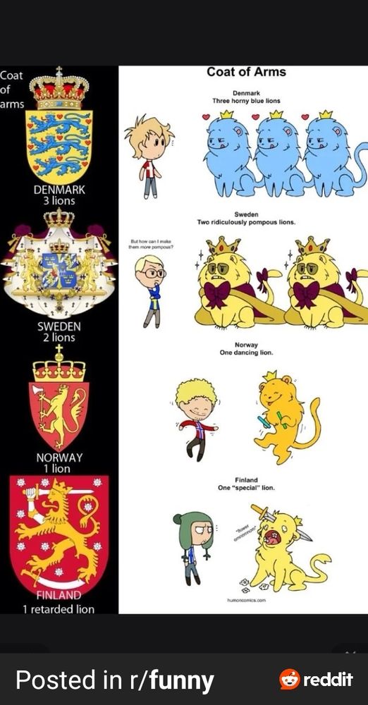 Scandinavia and the world comic explaining the different stupid looking lions on Scandinavian coat of arms.