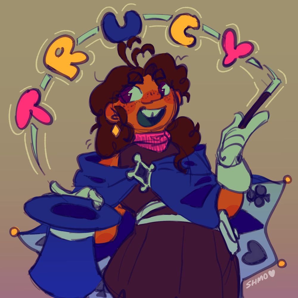 a digital drawing of trucy wright waving a magic wand in an arc over her head, where it says TRUCY in big colorful block letters. the piece is signed "SHMO" with a heart next to it