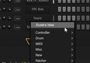 The add channel dropdown in FL Studio, edited to have Susie's Idea listed as an option. This is in reference to Deltarune.