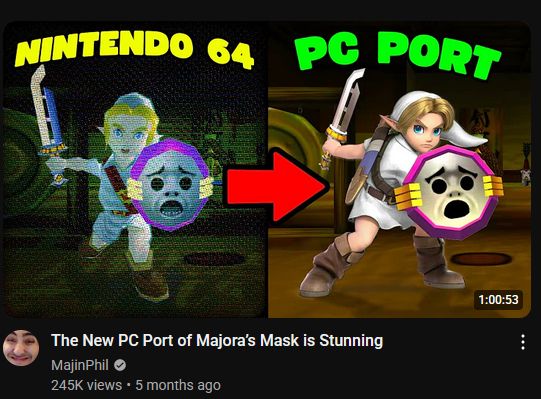 A Youtube thumbnail from MajinPhil's video, "The New PC Port of Majora's Mask is Stunning."
The thumbnail features a misleading "comparison" shot between the N64 original and its PC port, both featuring human Link with a white tunic, Razor Sword, and purple-rimmed Mirror Shield. The N64 side has what appears to be a CRT filter, color dithering, and artificially-darkened colors. Meanwhile, the PC side features an edited Super Smash Bros. render that is in no way indicative of what the PC port looks like.