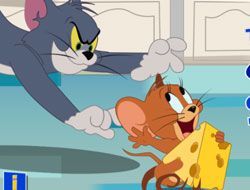 Cartoon cat Tom chasing cartoon mouse Jerry, who is fleeing with a big hunk of yellow cartoon cheese