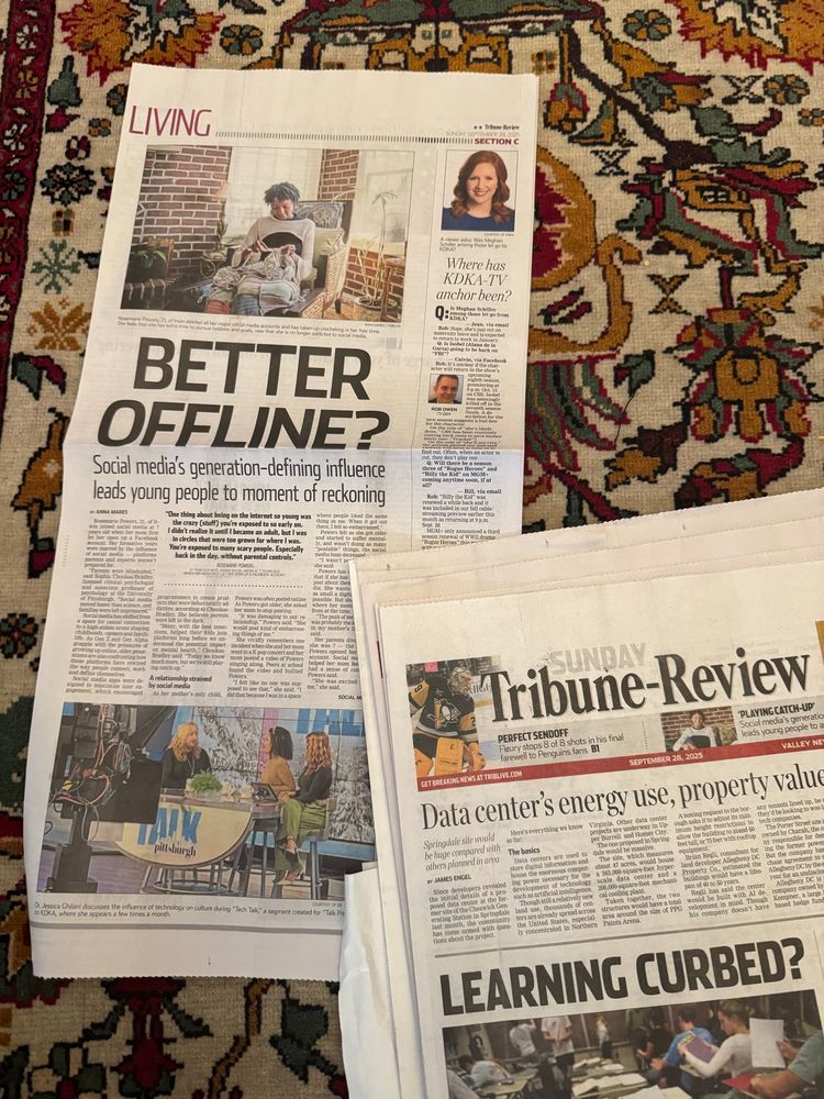 Photo of the print version of the newspaper, on which the cover of the living section features the article and a photo of me providing commentary on tech and social media for KDKA/CBS television program, Talk Pittsburgh. 