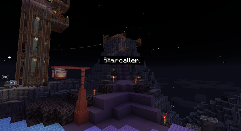 minecraft screenshot. the edge of a dark stone mountain at night shows a trail of redstone torches, overplayed with floating text reading "Starcaller." in the background, stars of many colors can be seen.