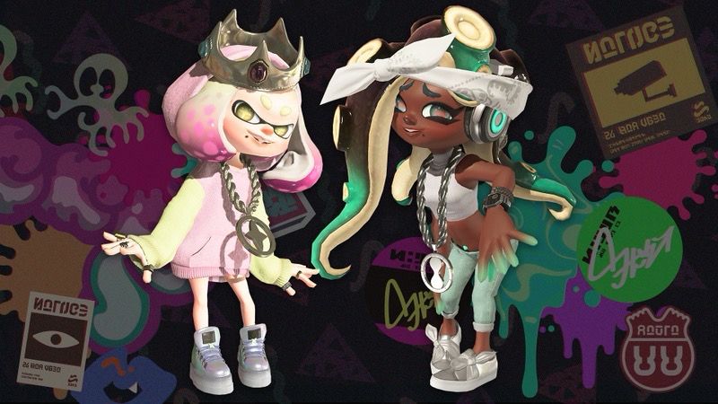 Image of Pearl and Marina from Off the Hook. Pearl is wearing a baggy sweater with cream-colored sleeves and a pink middle, a huge chain, and a crown. Marina has a white bandana wrapped around her head, a white crop top, a huge silver chain, and green pants.