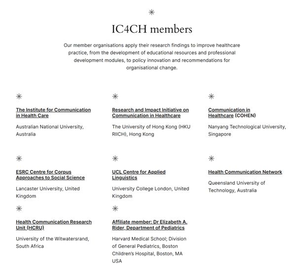This image shows the IC4CH members as listed on our website. The page reads as:

Our member organisations apply their research findings to improve healthcare practice, from the development of educational resources and professional development modules, to policy innovation and recommendations for organisational change.

The Institute for Communication in Health Care
Australian National University, Australia

Research and Impact Initiative on Communication in Healthcare
The University of Hong Kong (HKU RIICH), Hong Kong

Communication in Healthcare (COHEN)
Nanyang Technological University, Singapore

ESRC Centre for Corpus Approaches to Social Science
Lancaster University, United Kingdom

UCL Centre for Applied Linguistics
University College London, United Kingdom

Health Communication Network
Queensland University of Technology, Australia

Health Communication Research Unit (HCRU)
University of the Witwatersrand, South Africa

Affiliate member: Dr Elizabeth A. Rider, Department of Pediatrics
Harvard Medical School; Division of General Pediatrics, Boston Children’s Hospital, Boston, MA USA