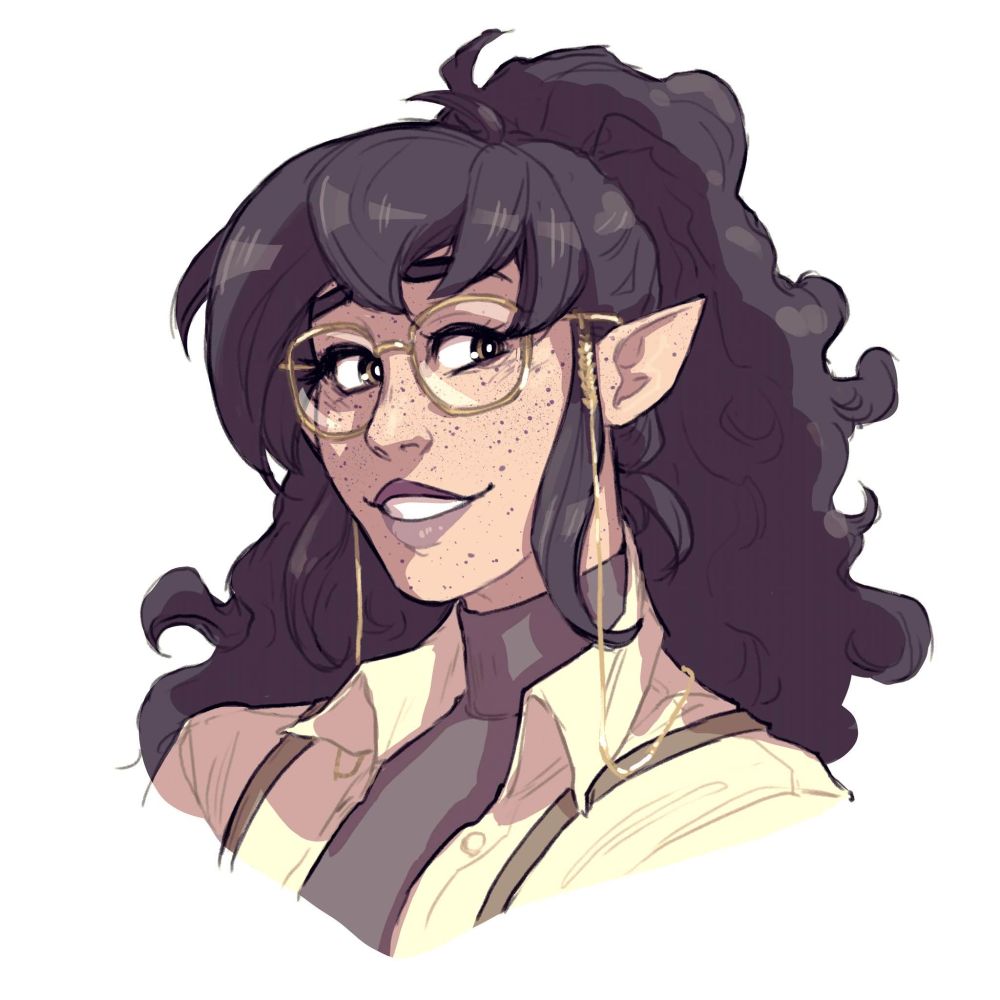 my current DND character, Netta. She's a half elf with long, wild dark hair and purple freckles. She's got on gold glasses with a matching glasses chain, and wears a collared linen shirt under suspenders. She's an enormous nerd. 