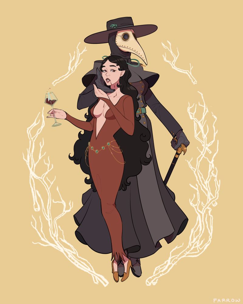 a vampire and a plague doctor pose together. The vampire has a class of wine (or... blood...) and a drop going down her chin. The plague doctor has her hand nearly cupping the cheek of the vampire. They are both women and they're in love.