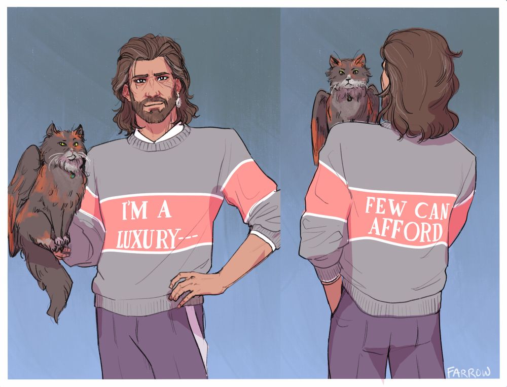 Gale from Baldurs Gate 3 is wearing the viral meme sweater “I am a luxury few can afford”. Instead of a cockatiel (as in the reference picture), he holds his tressym Tara.