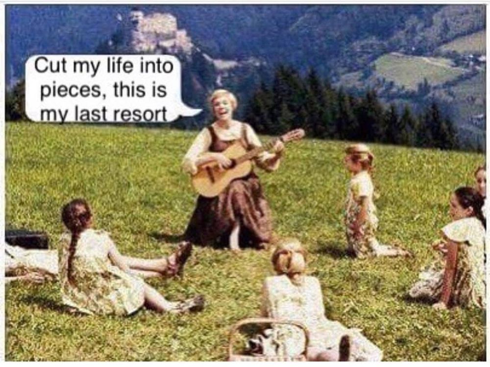 Meme mit Bild aus dem Film „ Sound of Music“ mit“ Cut my life into Pieces, This is my Last Resort“