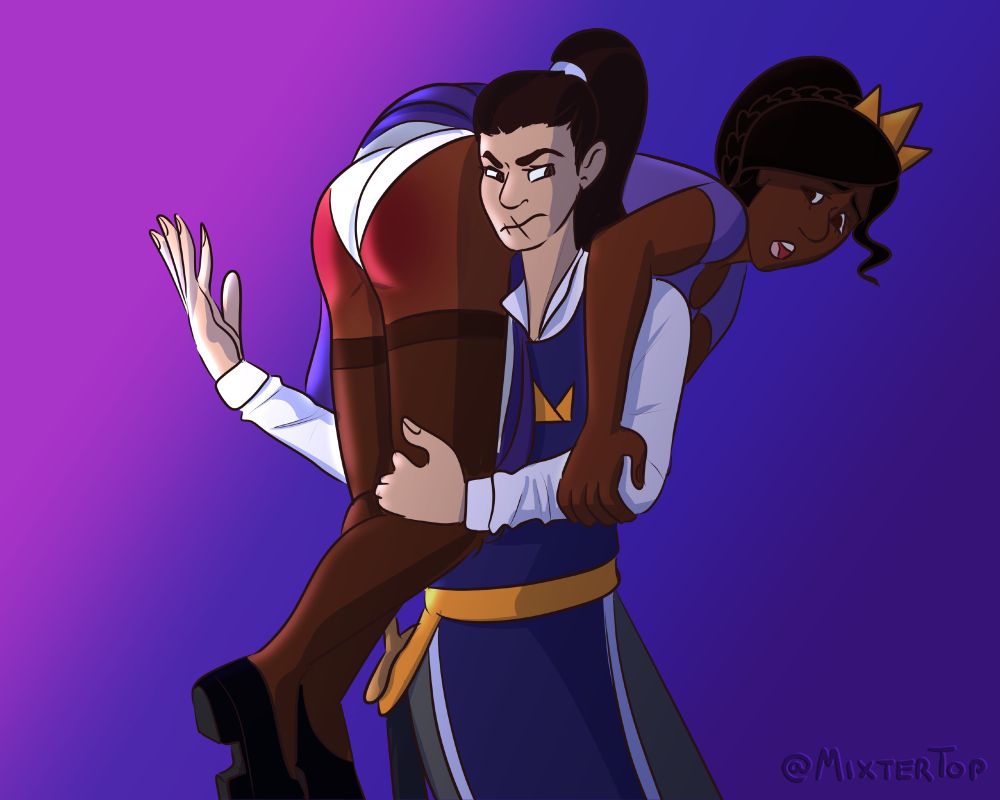 A white, masculine woman with long brown hair holds an Indian woman over her shoulder. The woman's skirt is raised to expose her white panties, and the knight's hand is poised to spank her. The knight looks stern, while the princess is open mouthed in argument.