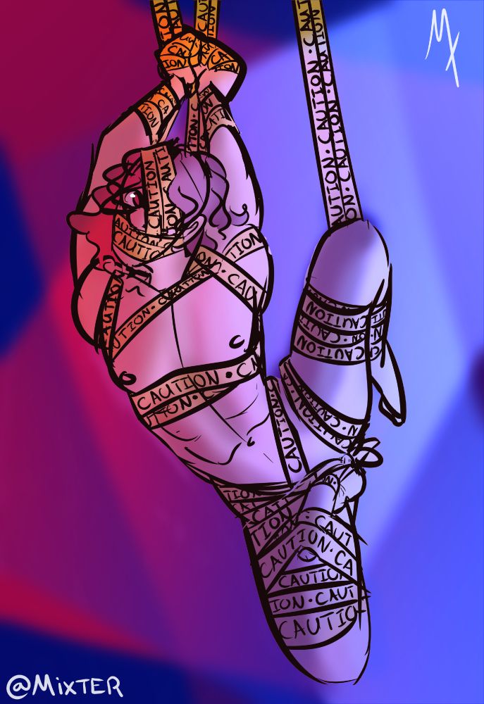 A drawing of a muscular man with medium length curly brown hair bound in a shibari suspension pose by police CAUTION tape. He is lit from either side by red and bue lights. His arms are bent overhead, and his legs are bound thigh to ankle and spread, showing off his partially bound penis.
#NSFWArt #art #sketch #GiD #peril #bondage