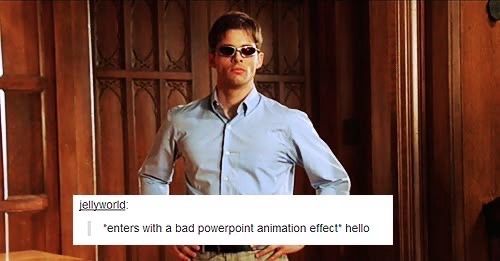 Text: *enters with a bad PowerPoint animation effect* "hello"

Image: actor James Marsden as Scott Summers in the movie X-Men. He is standing with his arms akimbo.