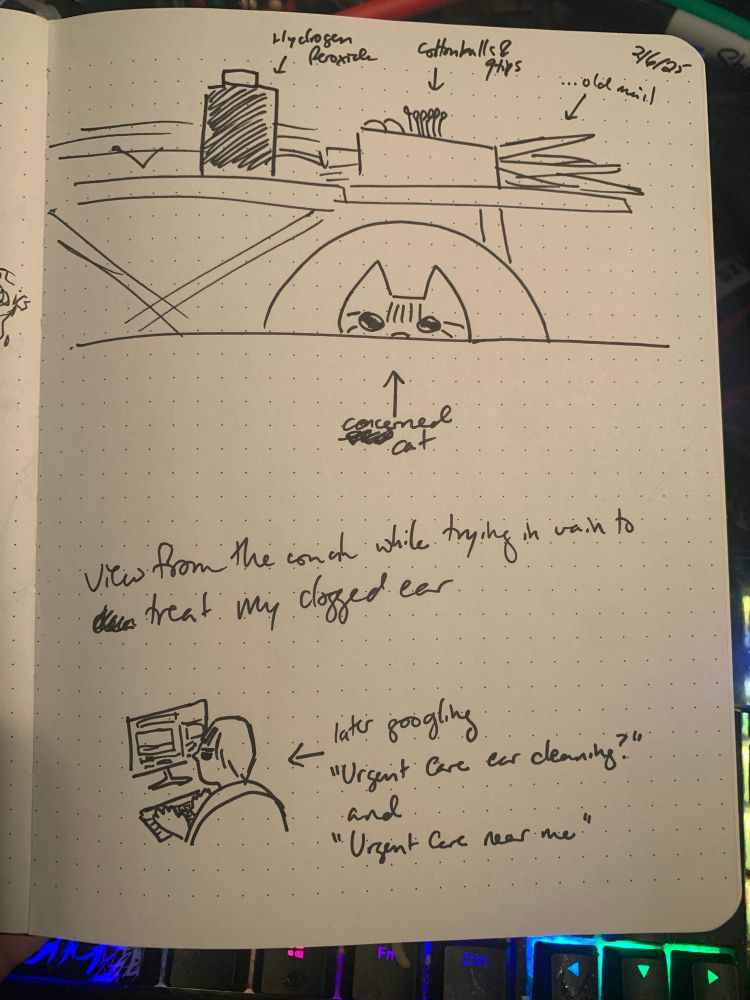 sketchbook page labeled 2/6/25; half of the page is a cartoon drawing labeled "view of the couch while trying in vain to treat my clogged ear"; a cat in a cone peers up over the edge with big wet eyes (labeled concerned cat), other items include hydrogen peroxide, cottonballs & q-tips, and old mail. in the bottom left a tired and irritible person under a blanket is searching something on a computer; this is labeled later googling "urgent car ear cleaning?" and "urgent care near me"