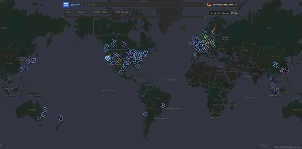 Screenshot of a world map with pins showing the location of many furry conventions across the world.
