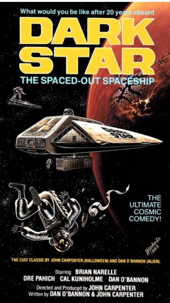 Dark Star movie poster, a spaceship in front of a red planet with an astronaut floating upsidedown in space.