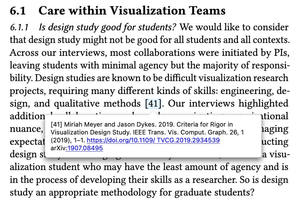 a paragraph with the title "Care within Visualization teams," from a paper by Derya Akbaba et al, with the citation highlighted in a pop-up bubble after hovering over the in-line numbered citation (41). The citation is to Miriah Meyer and Jason Dyke's paper titled "Criteria for Rigor in Visualization Design Study."