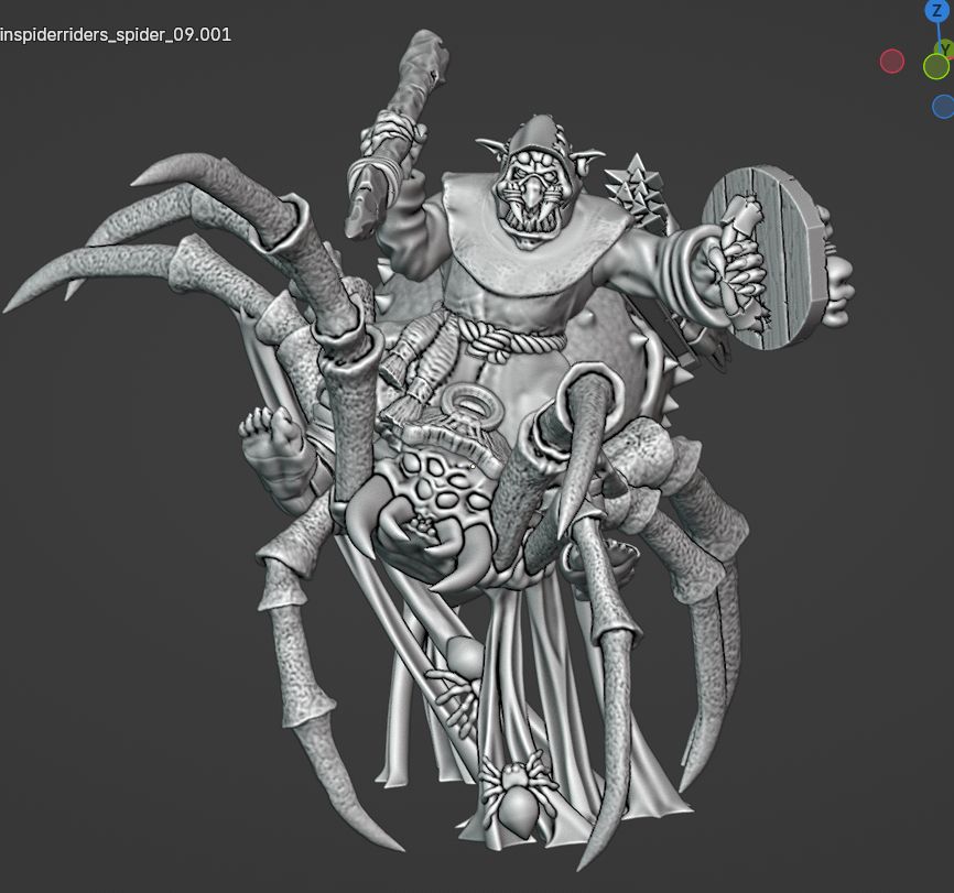 Night goblin riding on caver spider with spear and shield.